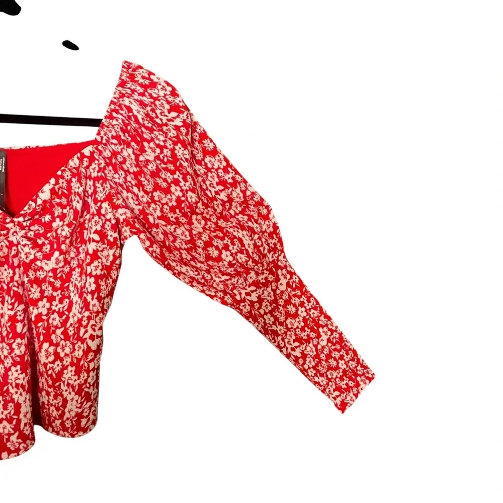 Anthropologie Red Floral Puff Sleeve Sweetheart Cropped Blouse Sz S Romance Boho